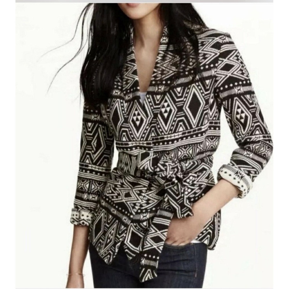 HM Conscious Western Aztec Print Belted Jacket Black White Jacquard Sz-22